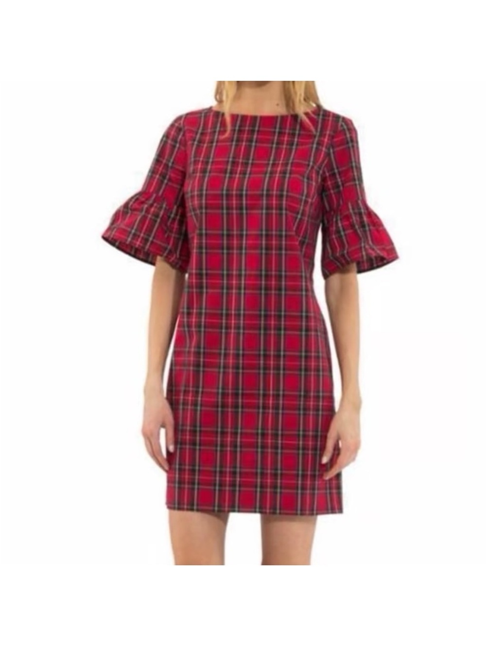 Sail to Sable sz Medium Red Plaid Ruffle-Sleeve Mini Dress shift holiday tartan
